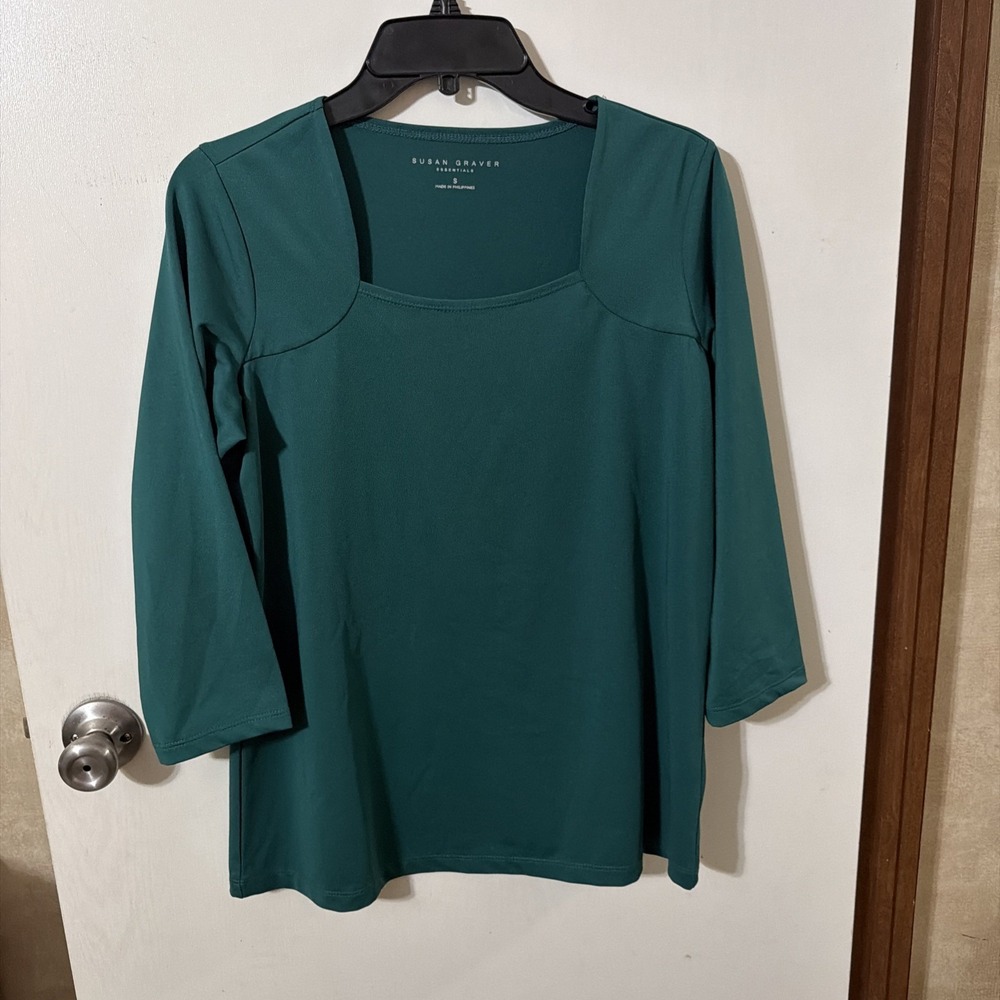 Susan Graver Knit Top Forrest Green Solid Sz S U Neck 3/4 sleeve